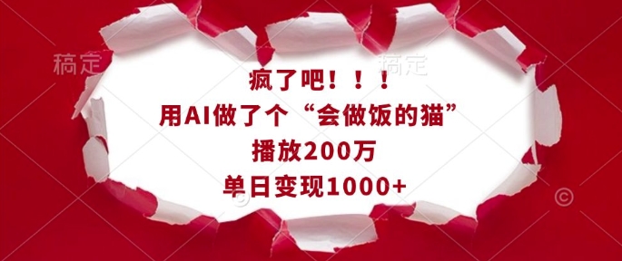 疯了吧！用AI做了个“会做饭的猫”，播放200万，单日变现1k-青风社项目库